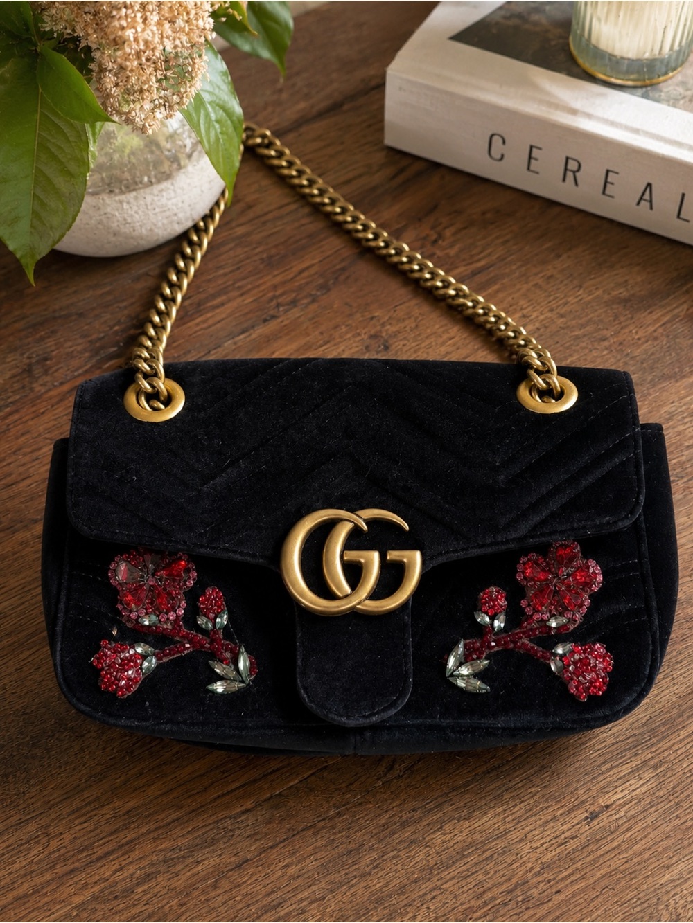 Gucci GG Marmont Floral Gems Mini Velvet Matelassé Shoulder Bag